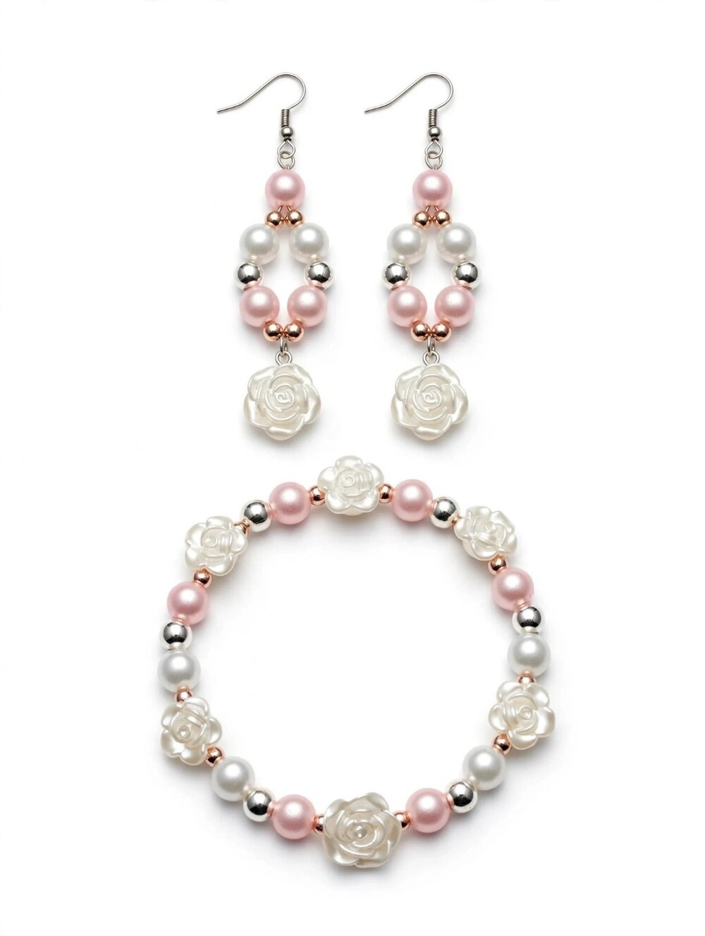 Elegant Pink and White Rose Pearl Necklace and Earring Set